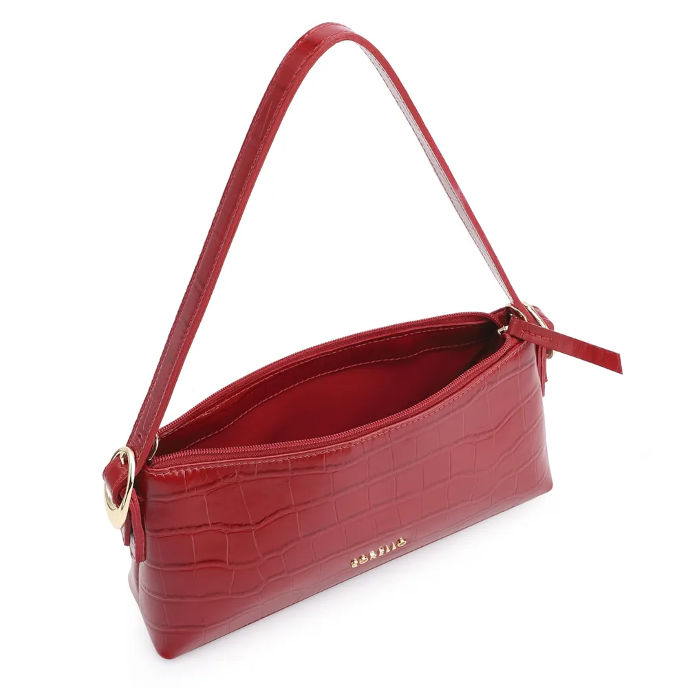 Bolsa De Ombro Fivelas Couro Croco Vermelho - imagem 4