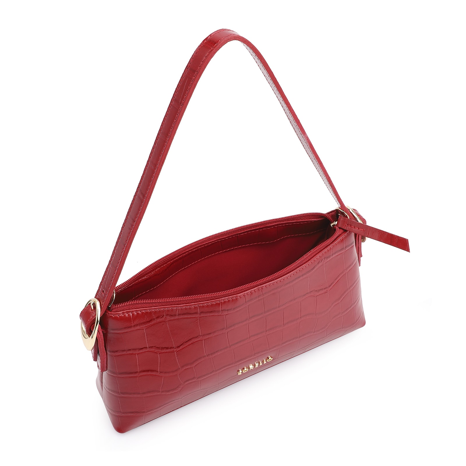 Bolsa De Ombro Fivelas Couro Croco Vermelho
