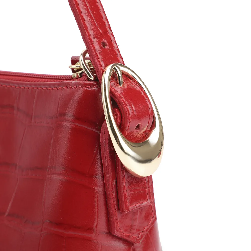 Bolsa De Ombro Fivelas Couro Croco Vermelho - imagem 5