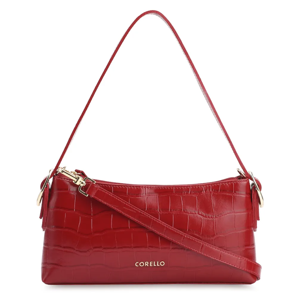 Bolsa De Ombro Fivelas Couro Croco Vermelho