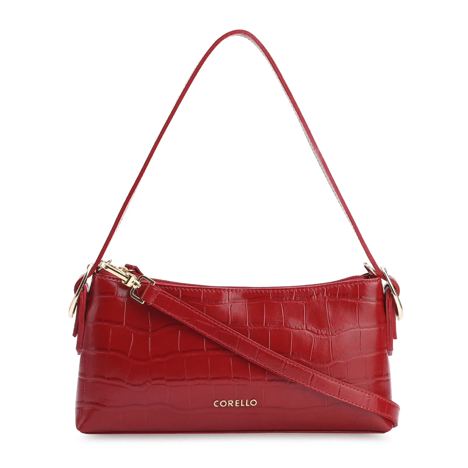 Bolsa De Ombro Fivelas Couro Croco Vermelho