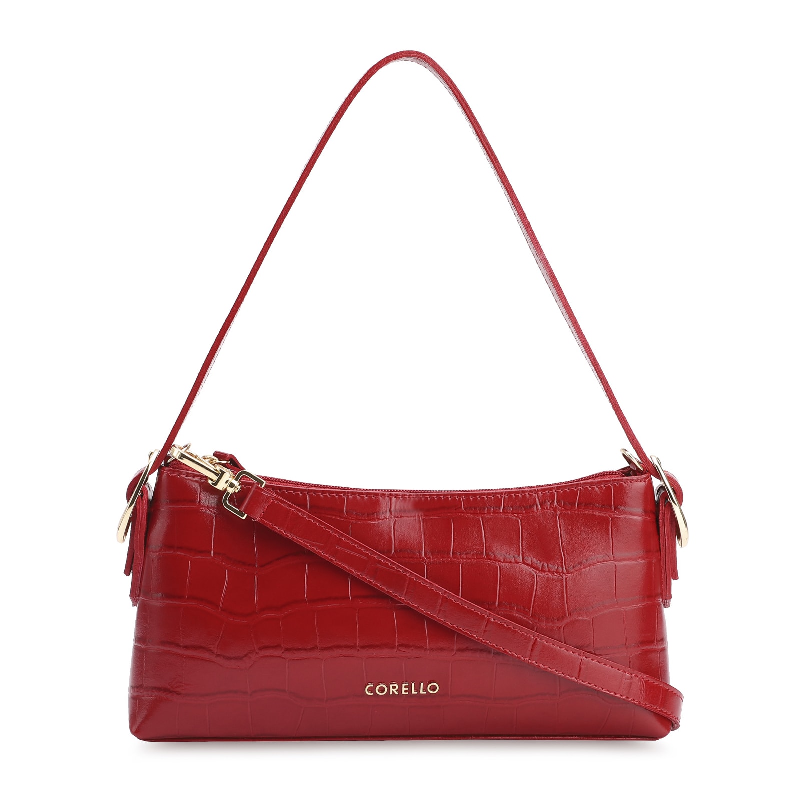 Bolsa De Ombro Fivelas Couro Croco Vermelho
