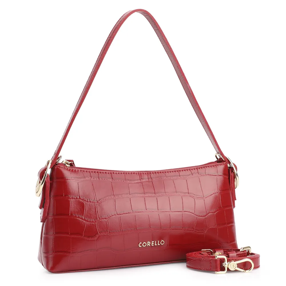 Bolsa De Ombro Fivelas Couro Croco Vermelho - imagem 2