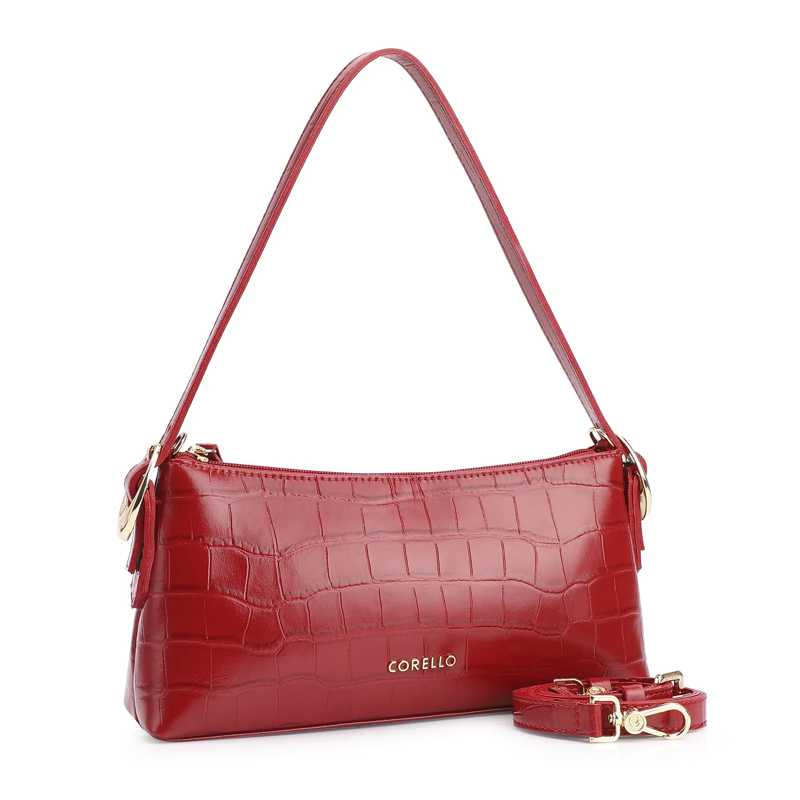 Bolsa De Ombro Fivelas Couro Croco Vermelho