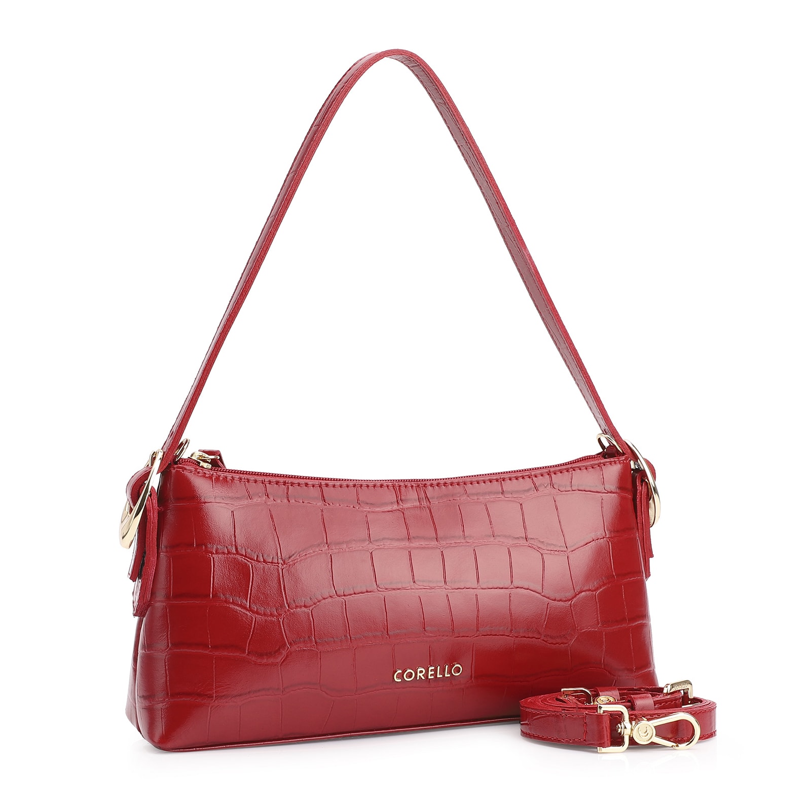 Bolsa De Ombro Fivelas Couro Croco Vermelho