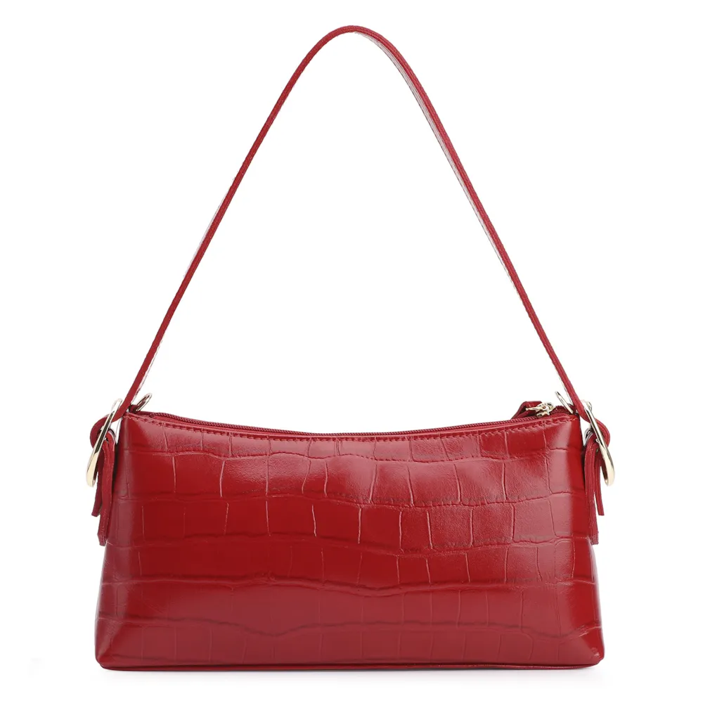 Bolsa De Ombro Fivelas Couro Croco Vermelho - imagem 3