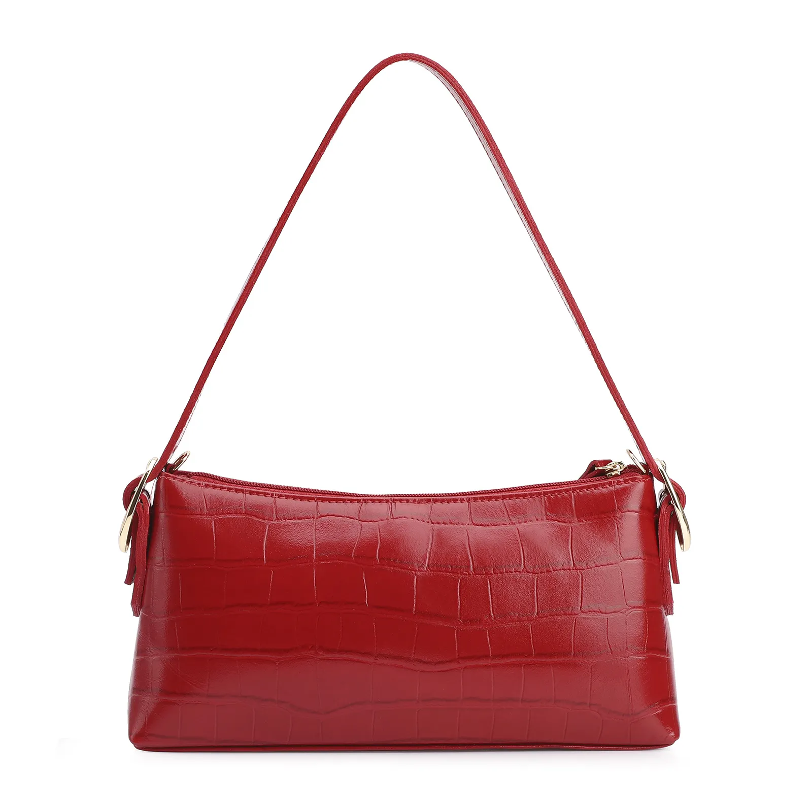 Bolsa De Ombro Fivelas Couro Croco Vermelho