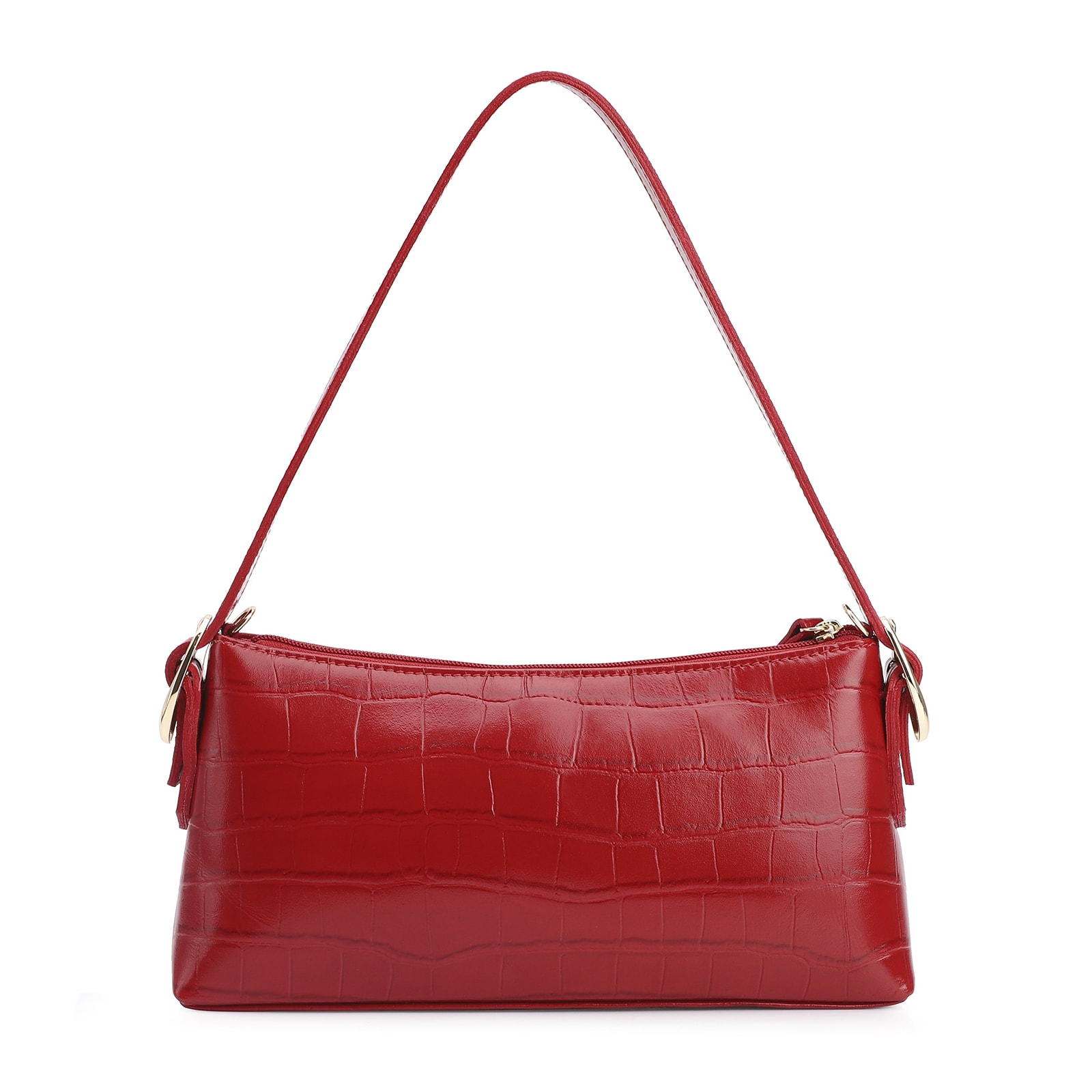 Bolsa De Ombro Fivelas Couro Croco Vermelho