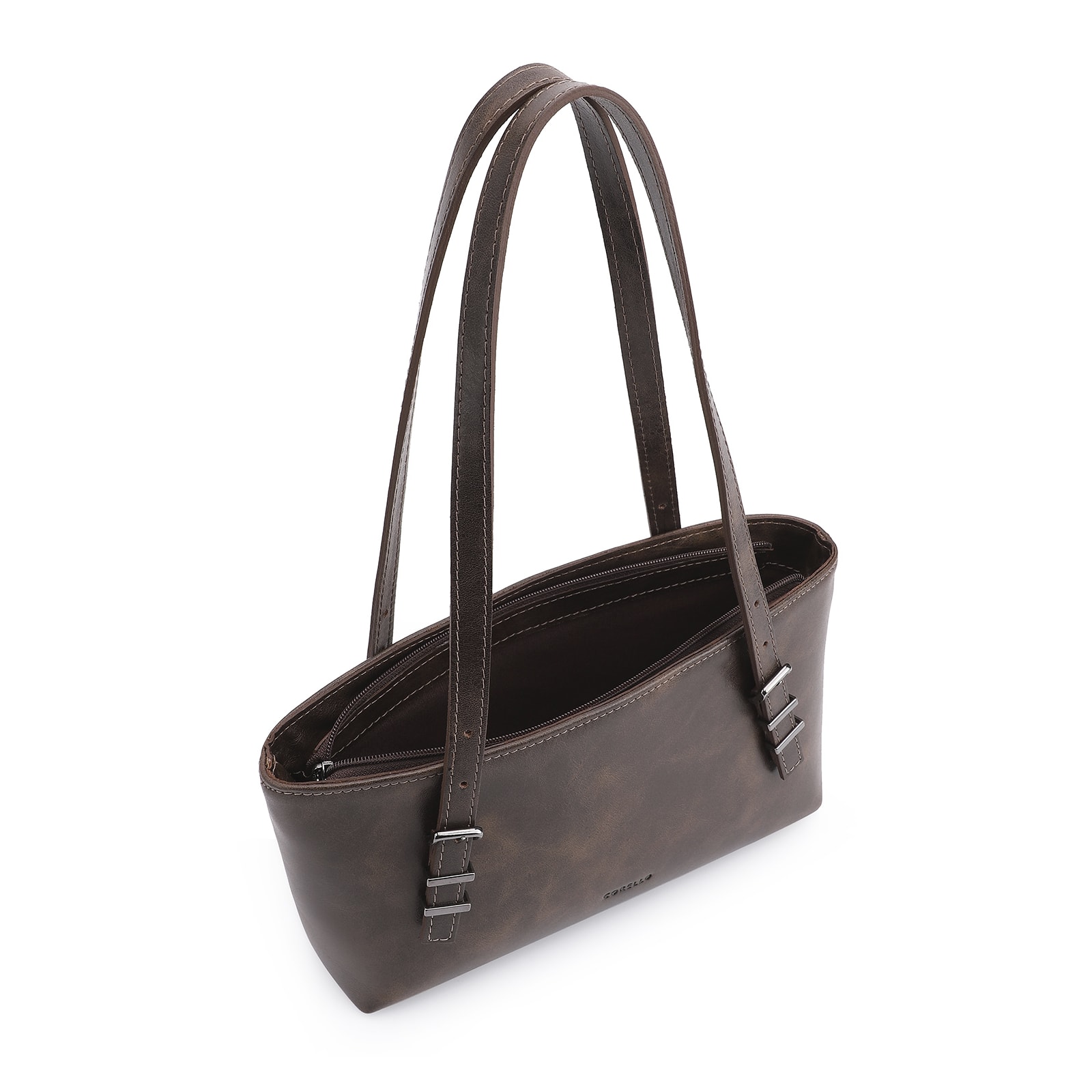 Bolsa De Ombro Fivelas Couro Estonado Marrom