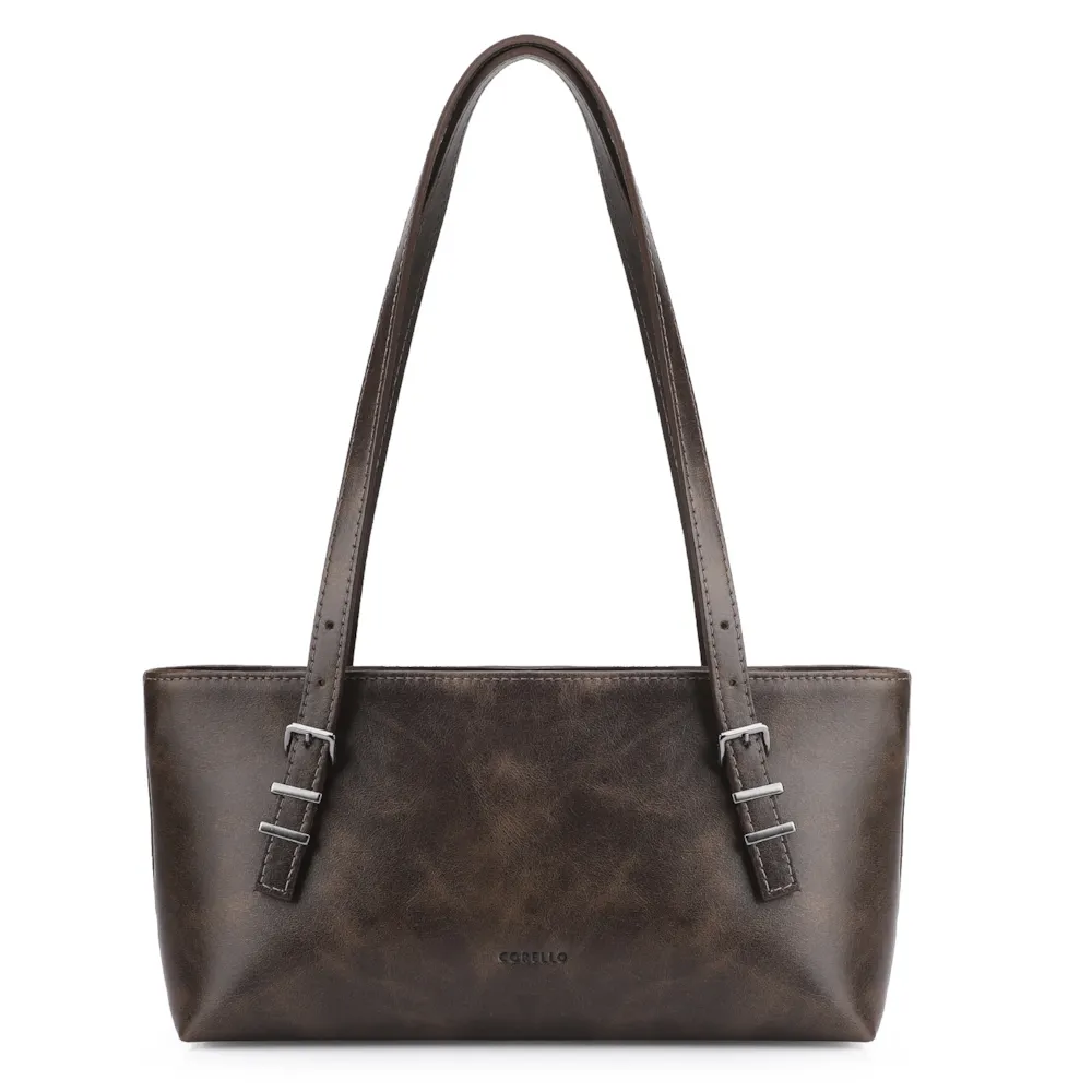 Bolsa De Ombro Fivelas Couro Estonado Marrom