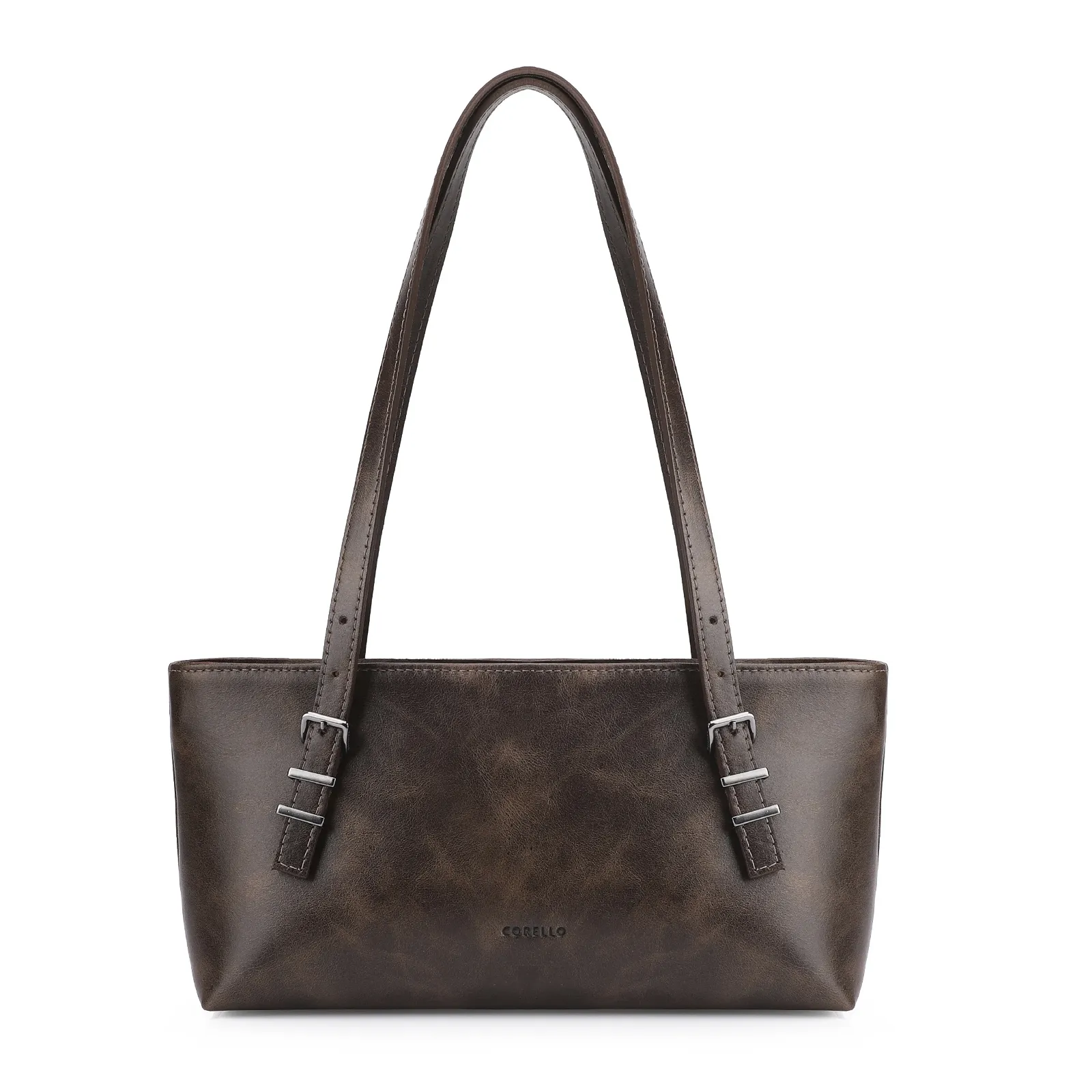 Bolsa De Ombro Fivelas Couro Estonado Marrom