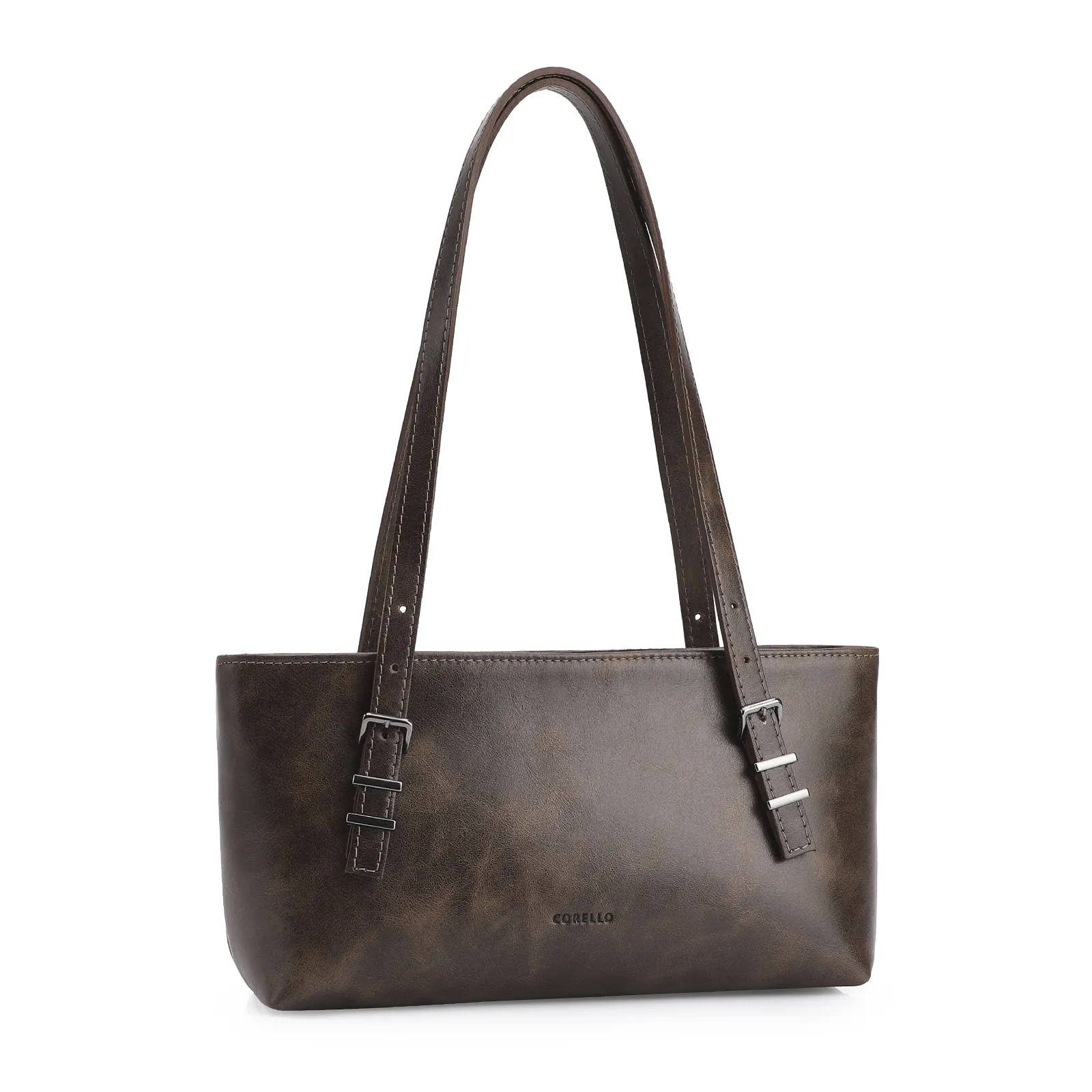 Bolsa De Ombro Fivelas Couro Estonado Marrom