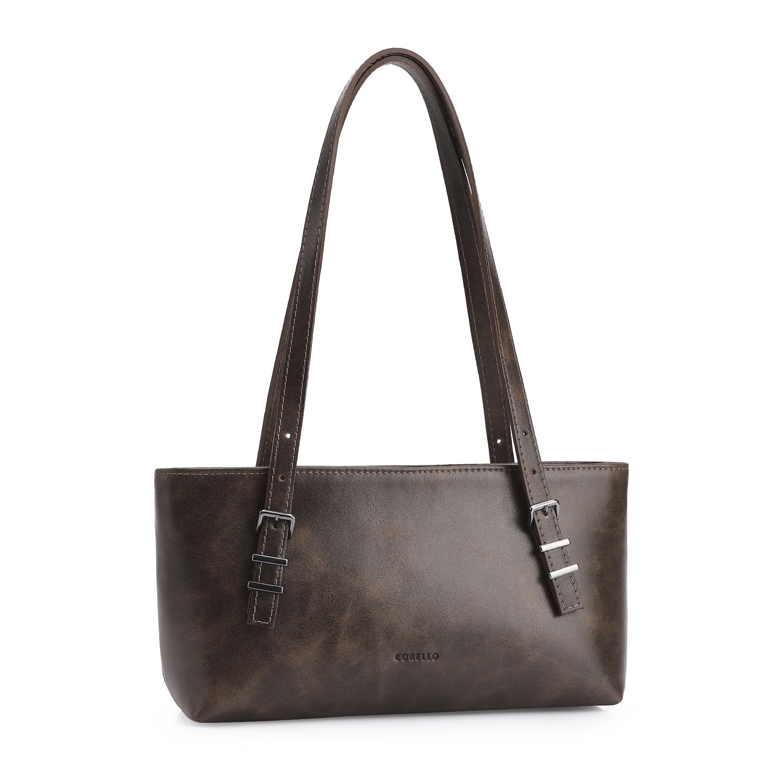 Bolsa De Ombro Fivelas Couro Estonado Marrom