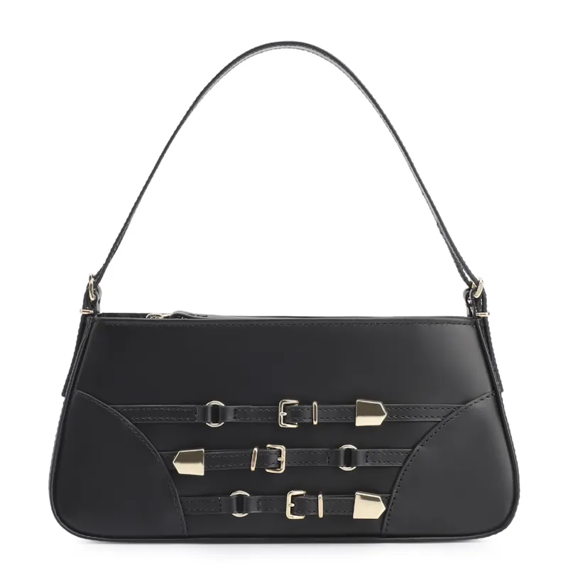 Bolsa De Ombro Fivelas Couro Preto