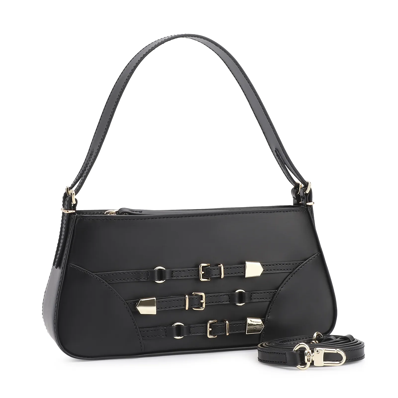 Bolsa De Ombro Fivelas Couro Preto