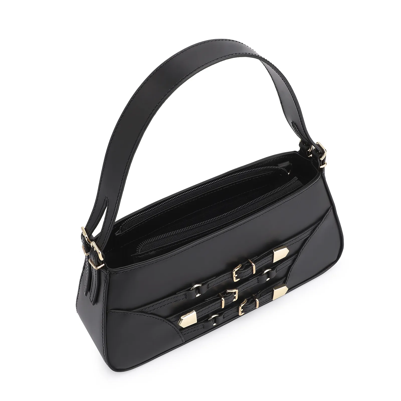 Bolsa De Ombro Fivelas Couro Preto
