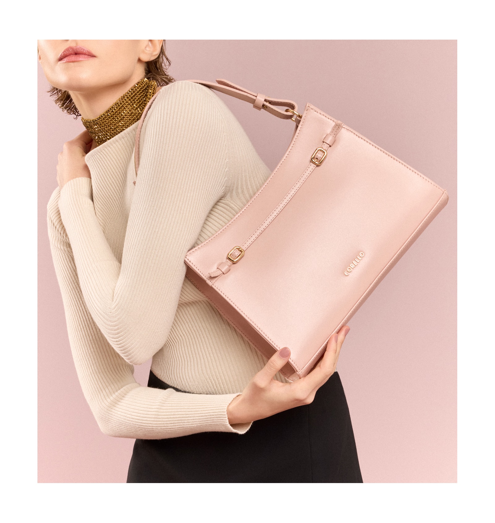 Bolsa De Ombro Fivelas Couro Rosa