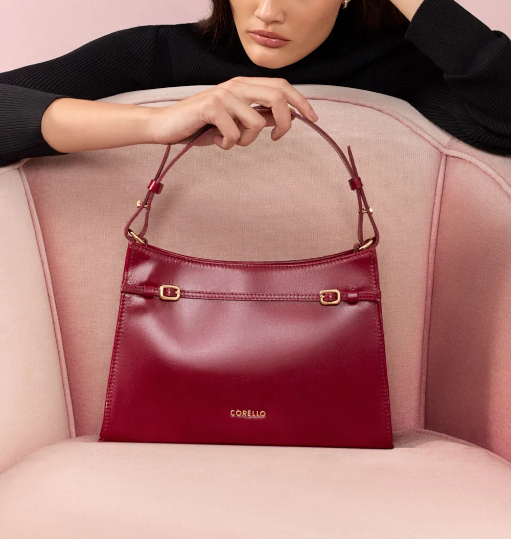 Bolsa De Ombro Fivelas Couro Vermelho Cereja - imagem 2