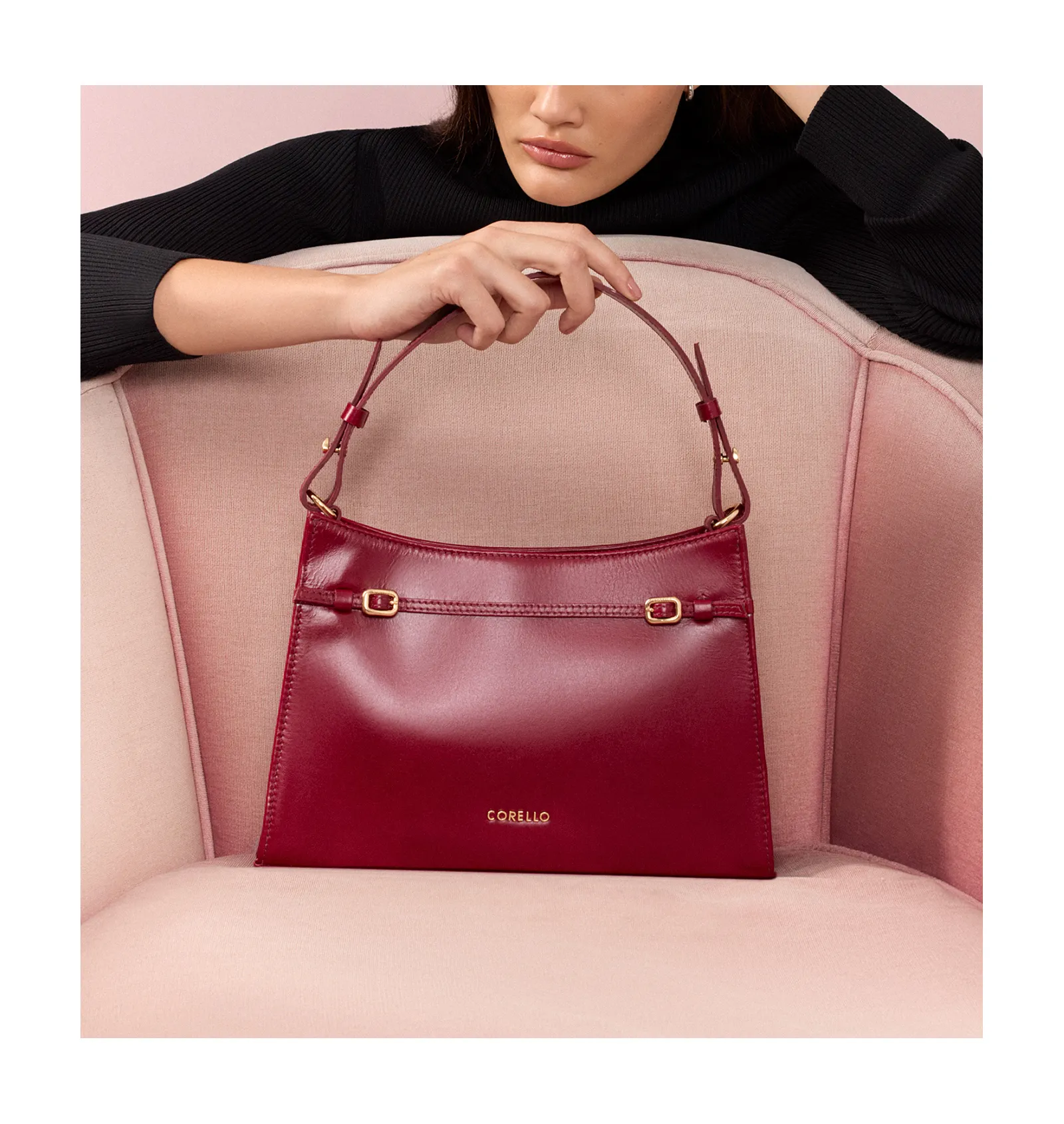 Bolsa De Ombro Fivelas Couro Vermelho Cereja