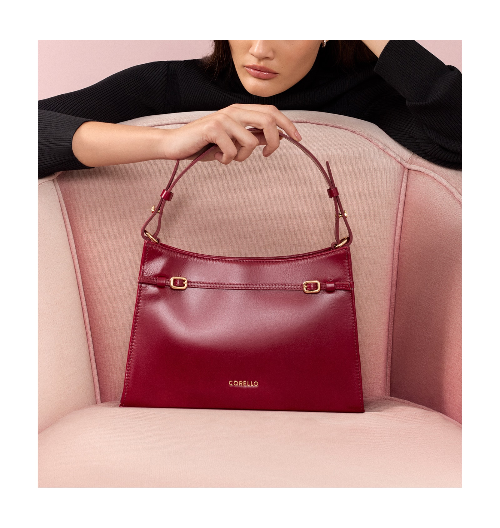 Bolsa De Ombro Fivelas Couro Vermelho Cereja