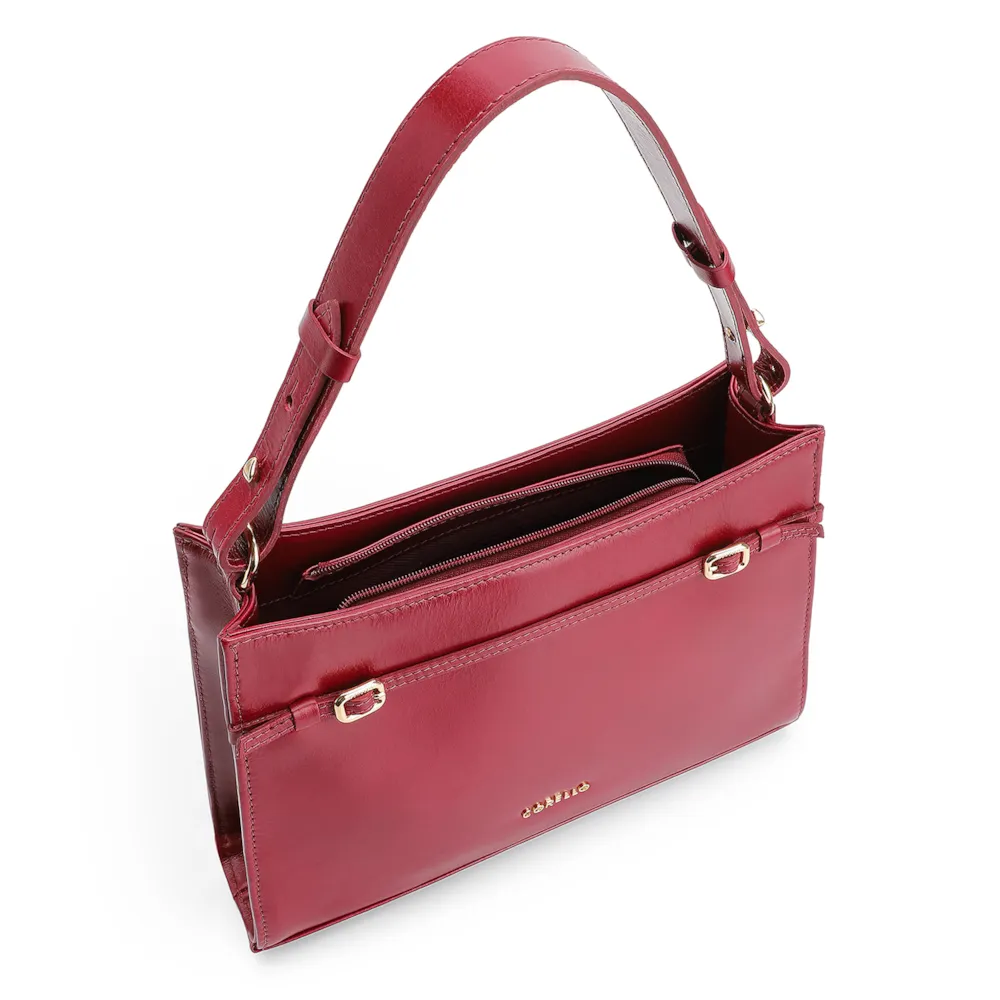 Bolsa De Ombro Fivelas Couro Vermelho Cereja - imagem 5