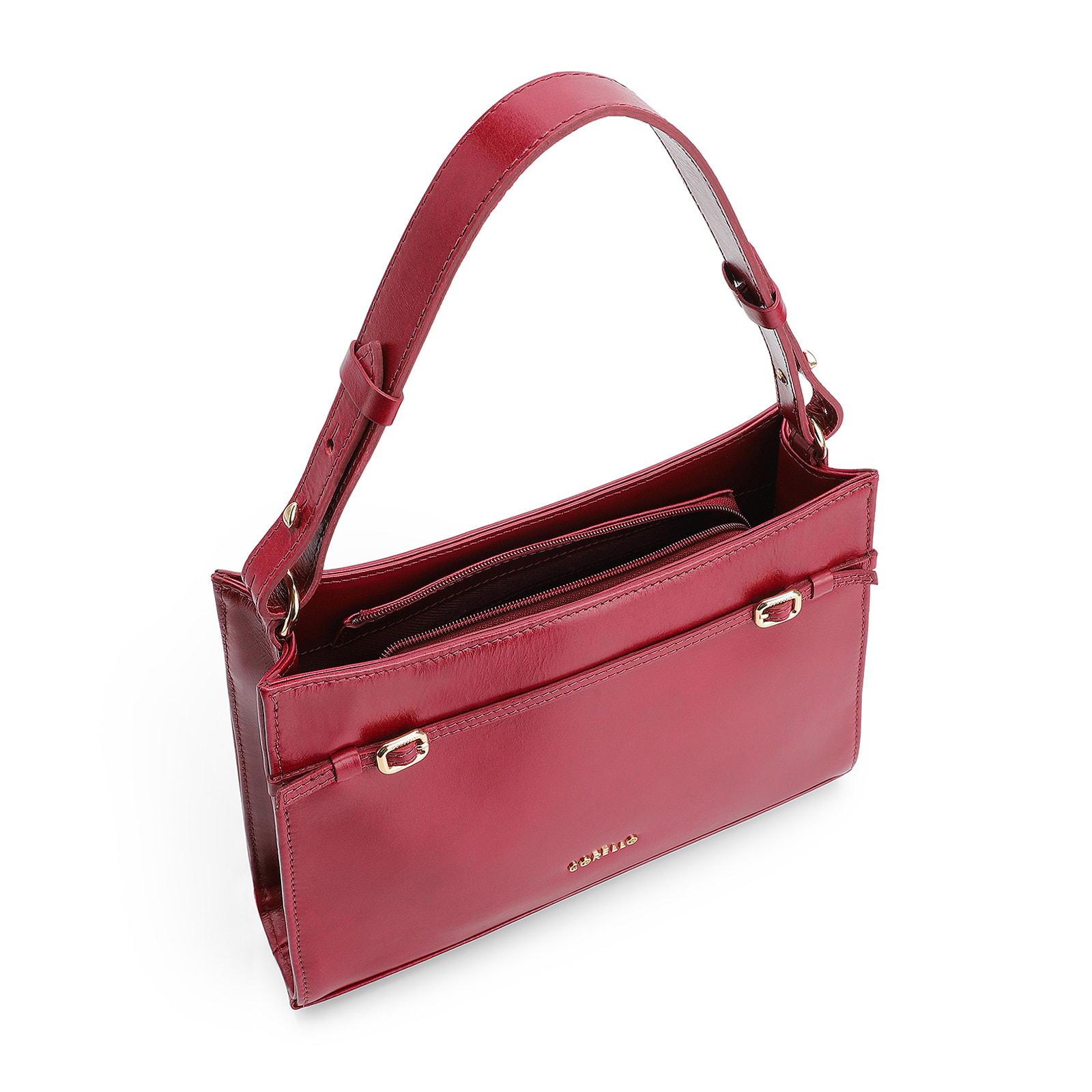 Bolsa De Ombro Fivelas Couro Vermelho Cereja