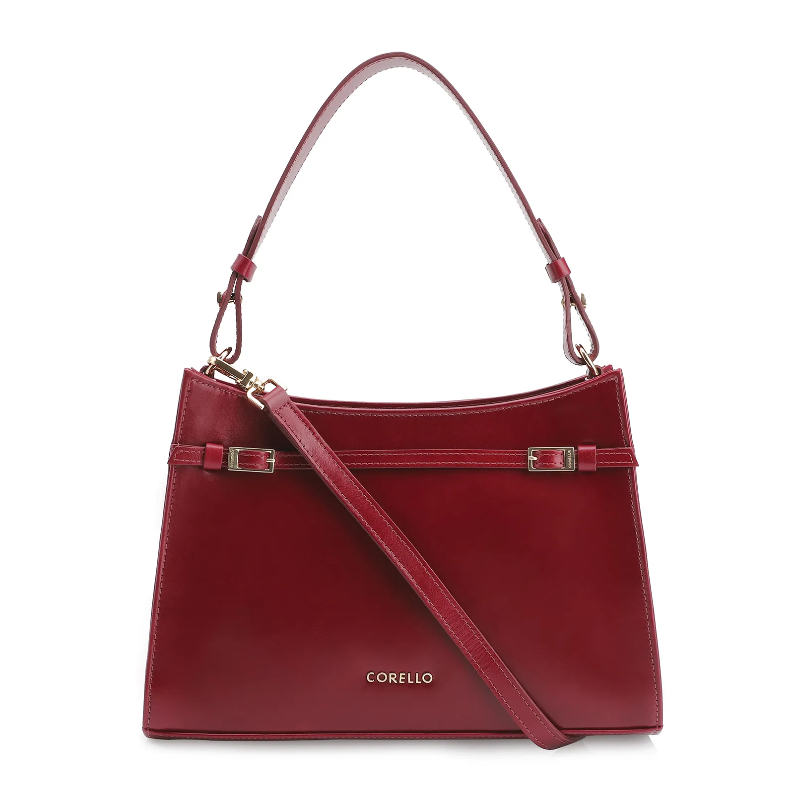 Bolsa De Ombro Fivelas Couro Vermelho Cereja
