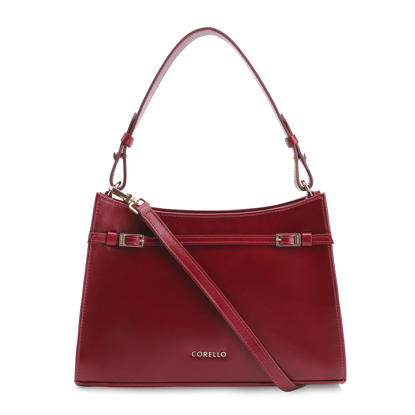 Bolsa De Ombro Fivelas Couro Vermelho Cereja