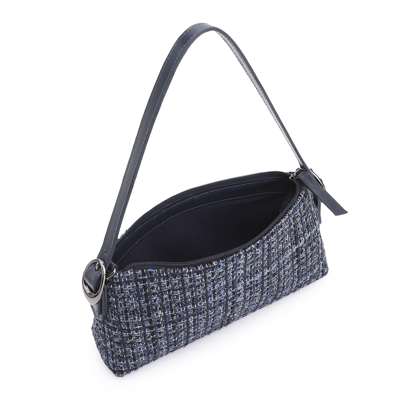 Bolsa De Ombro Fivelas Tweed Azul/Couro Azul