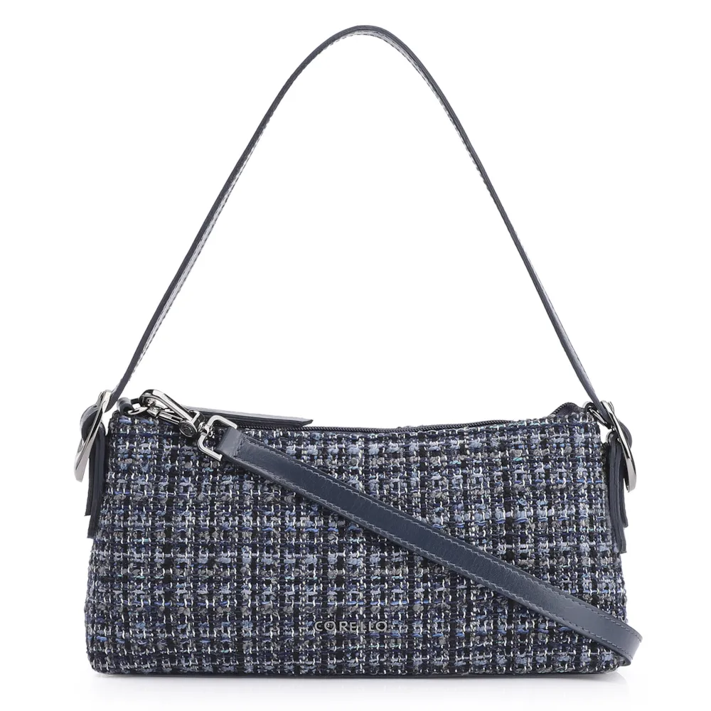 Bolsa De Ombro Fivelas Tweed Azul/Couro Azul