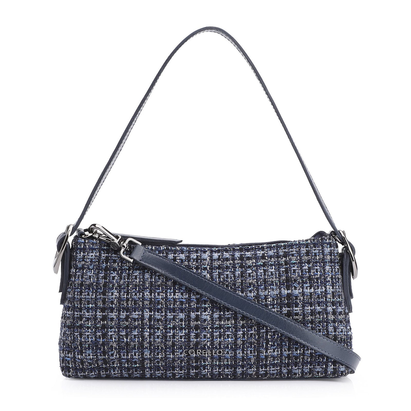 Bolsa De Ombro Fivelas Tweed Azul/Couro Azul
