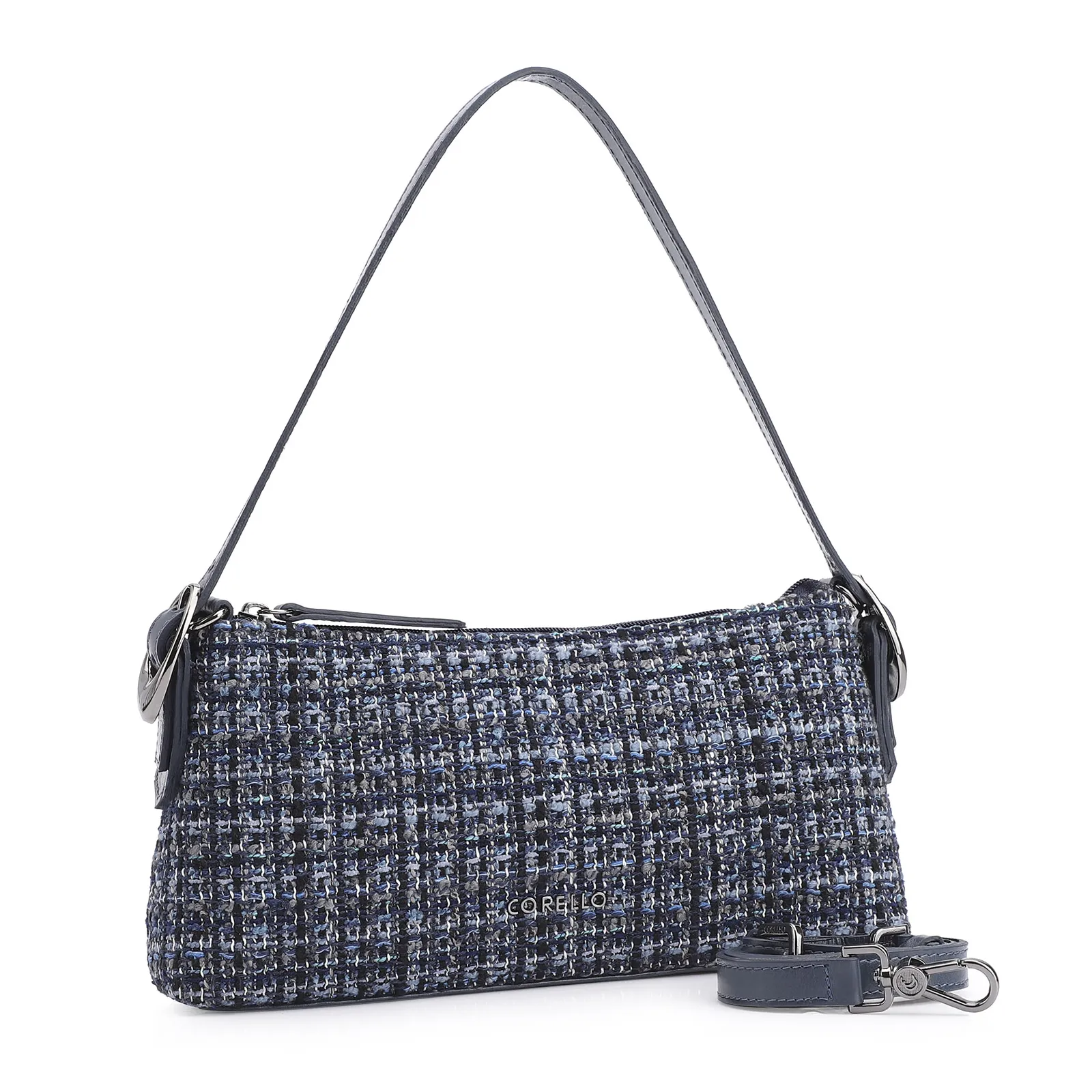 Bolsa De Ombro Fivelas Tweed Azul/Couro Azul