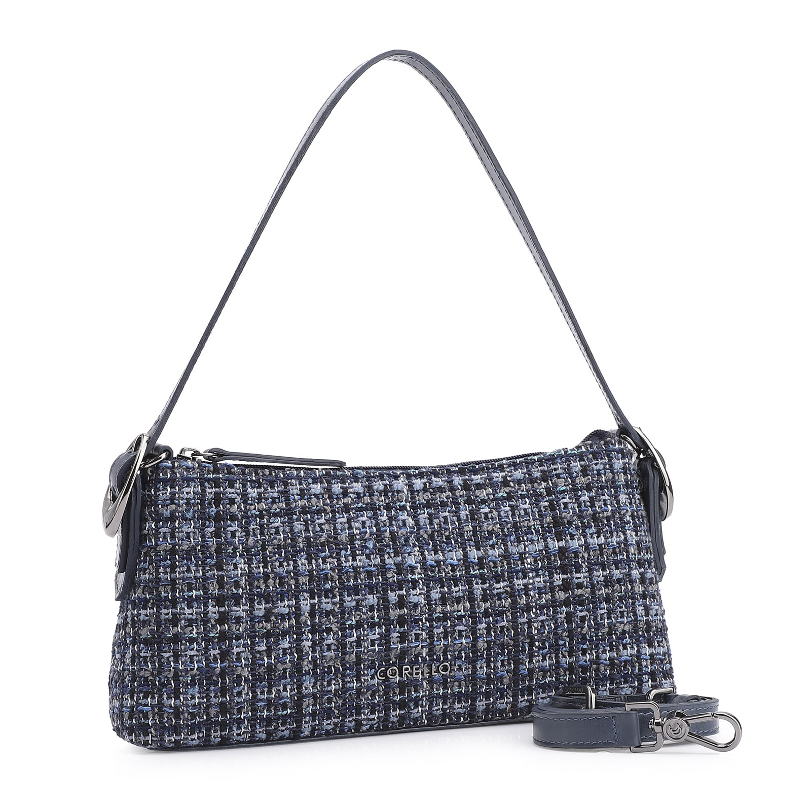 Bolsa De Ombro Fivelas Tweed Azul/Couro Azul