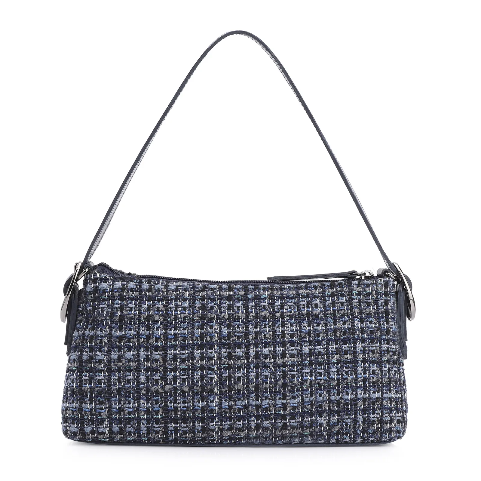 Bolsa De Ombro Fivelas Tweed Azul/Couro Azul