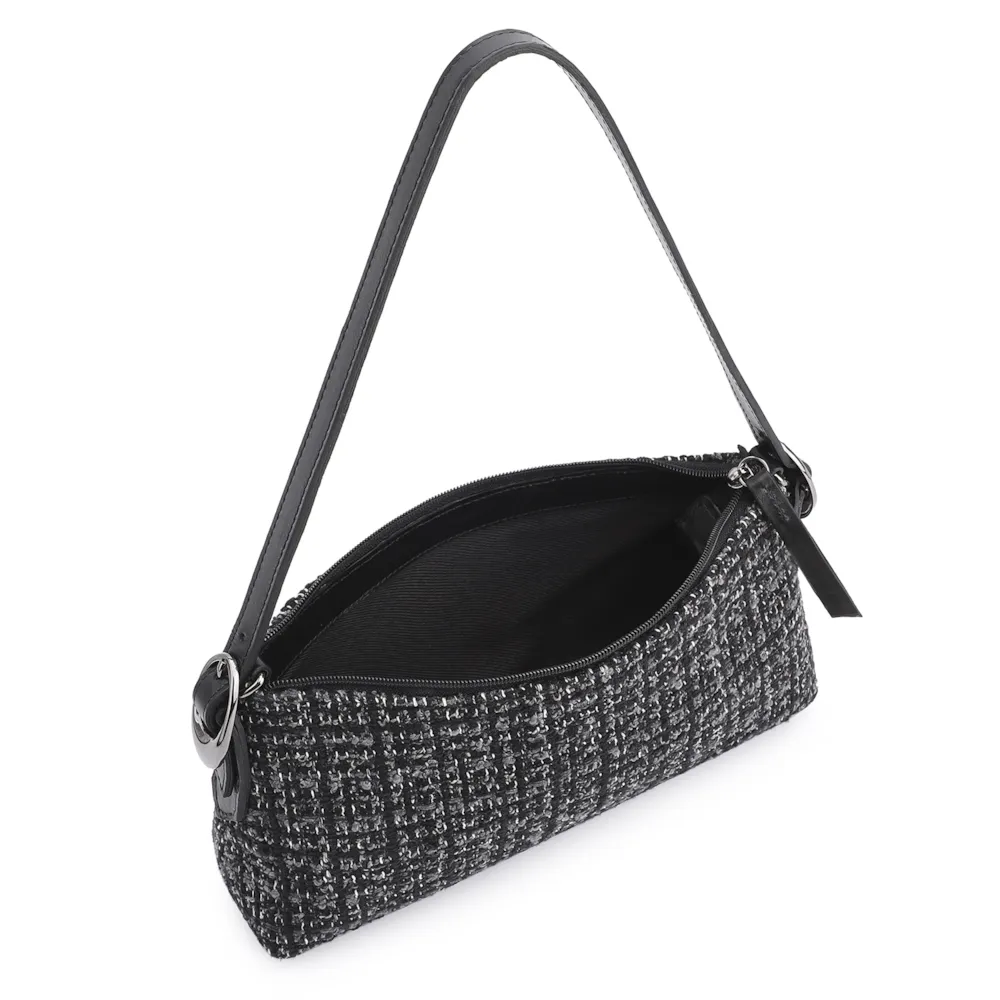 Bolsa De Ombro Fivelas Tweed Preto/Couro Preto - imagem 4