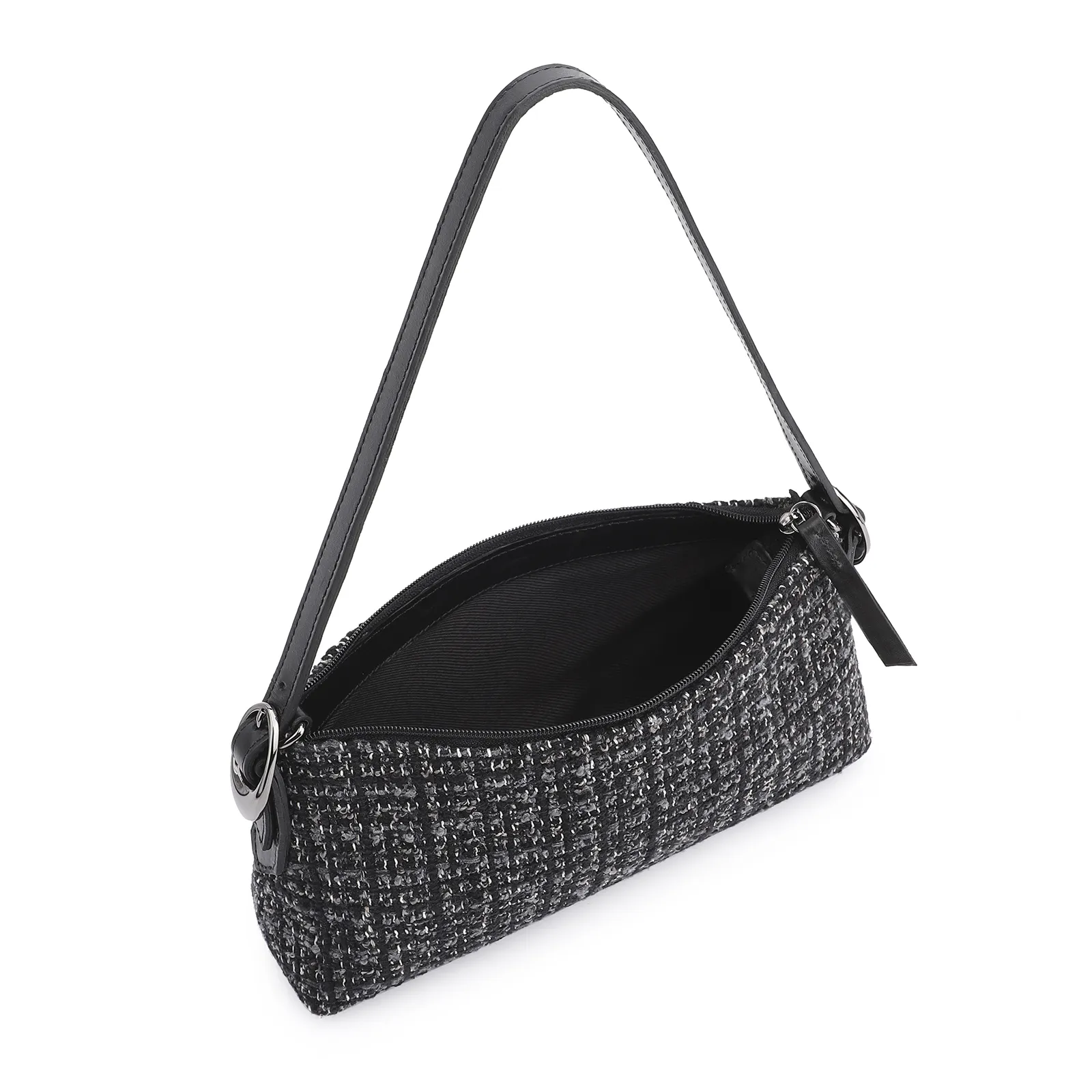 Bolsa De Ombro Fivelas Tweed Preto/Couro Preto