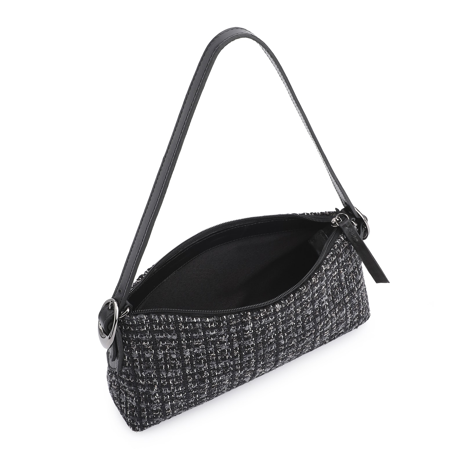 Bolsa De Ombro Fivelas Tweed Preto/Couro Preto