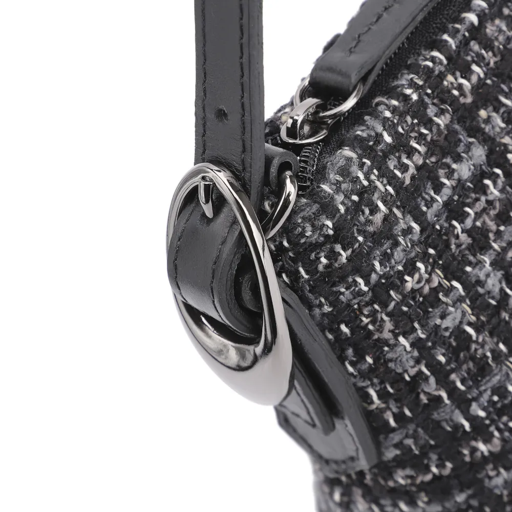 Bolsa De Ombro Fivelas Tweed Preto/Couro Preto - imagem 5