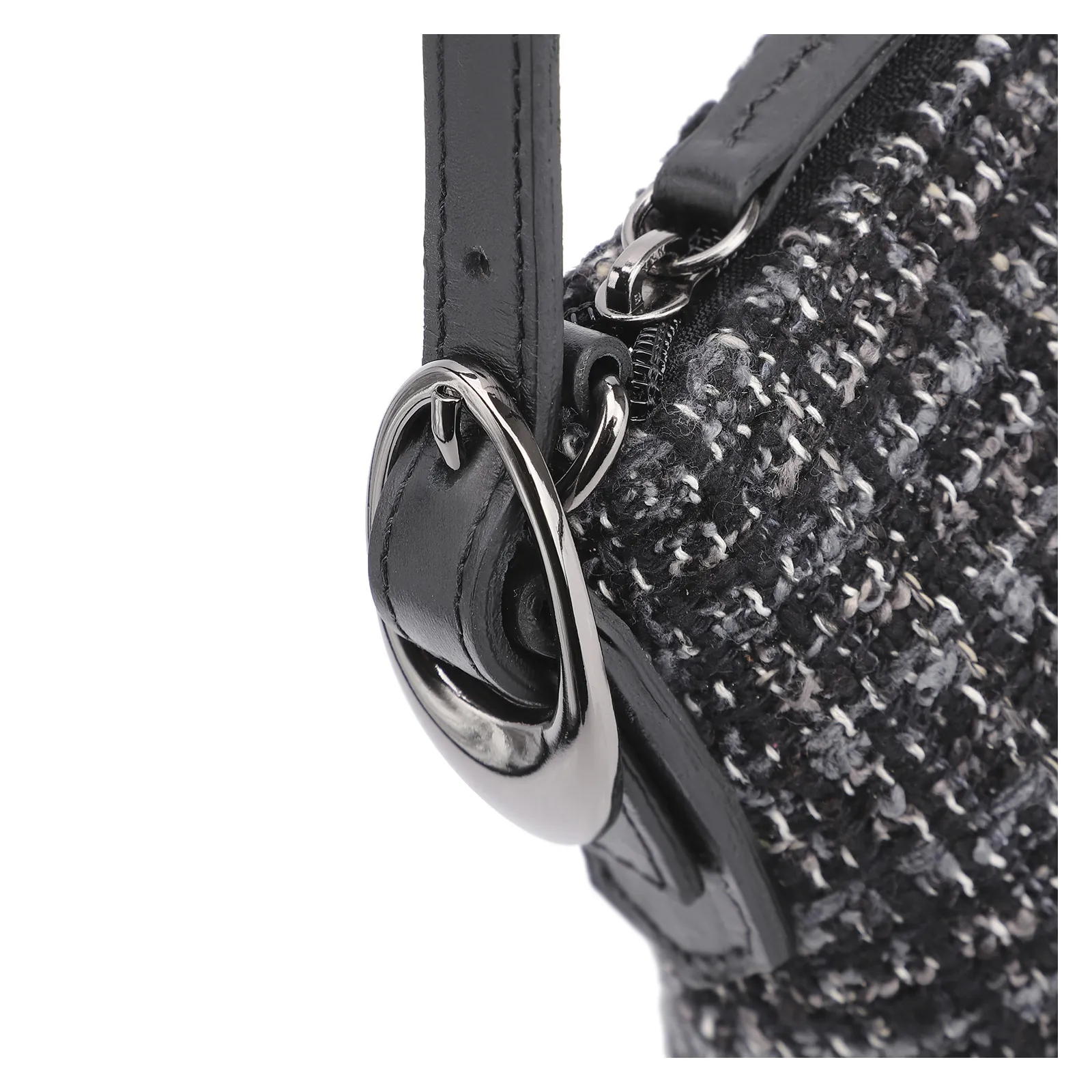 Bolsa De Ombro Fivelas Tweed Preto/Couro Preto