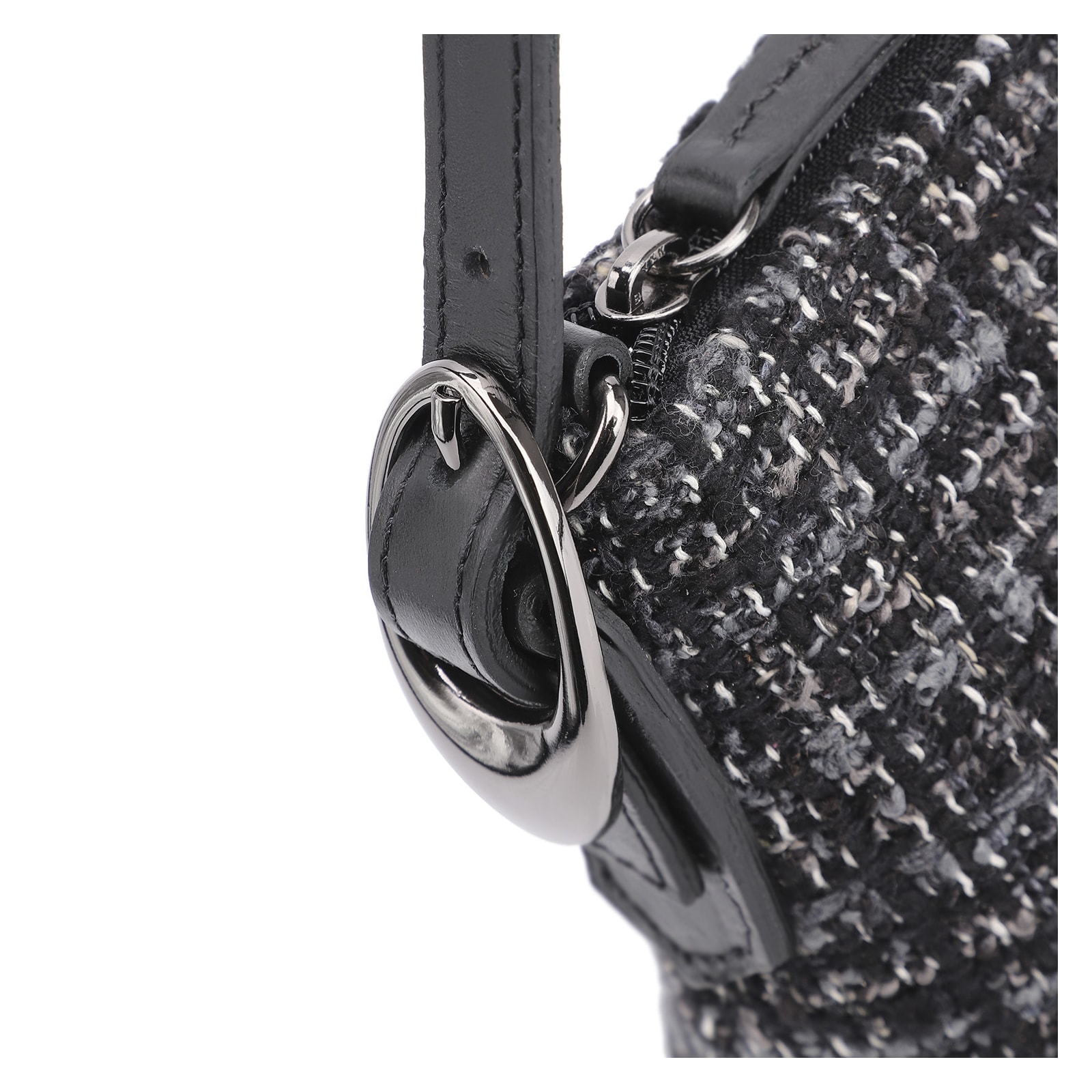 Bolsa De Ombro Fivelas Tweed Preto/Couro Preto