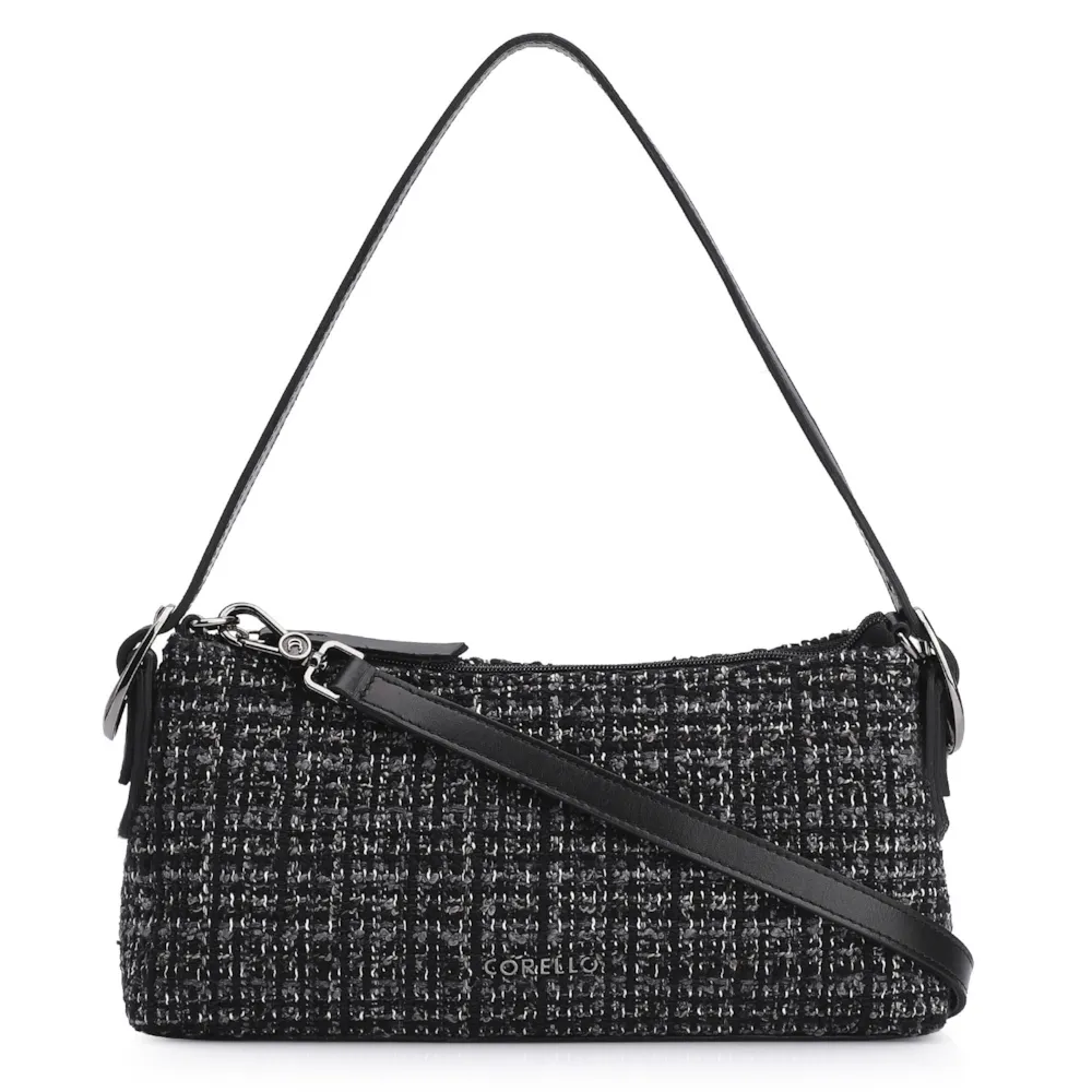 Bolsa De Ombro Fivelas Tweed Preto/Couro Preto