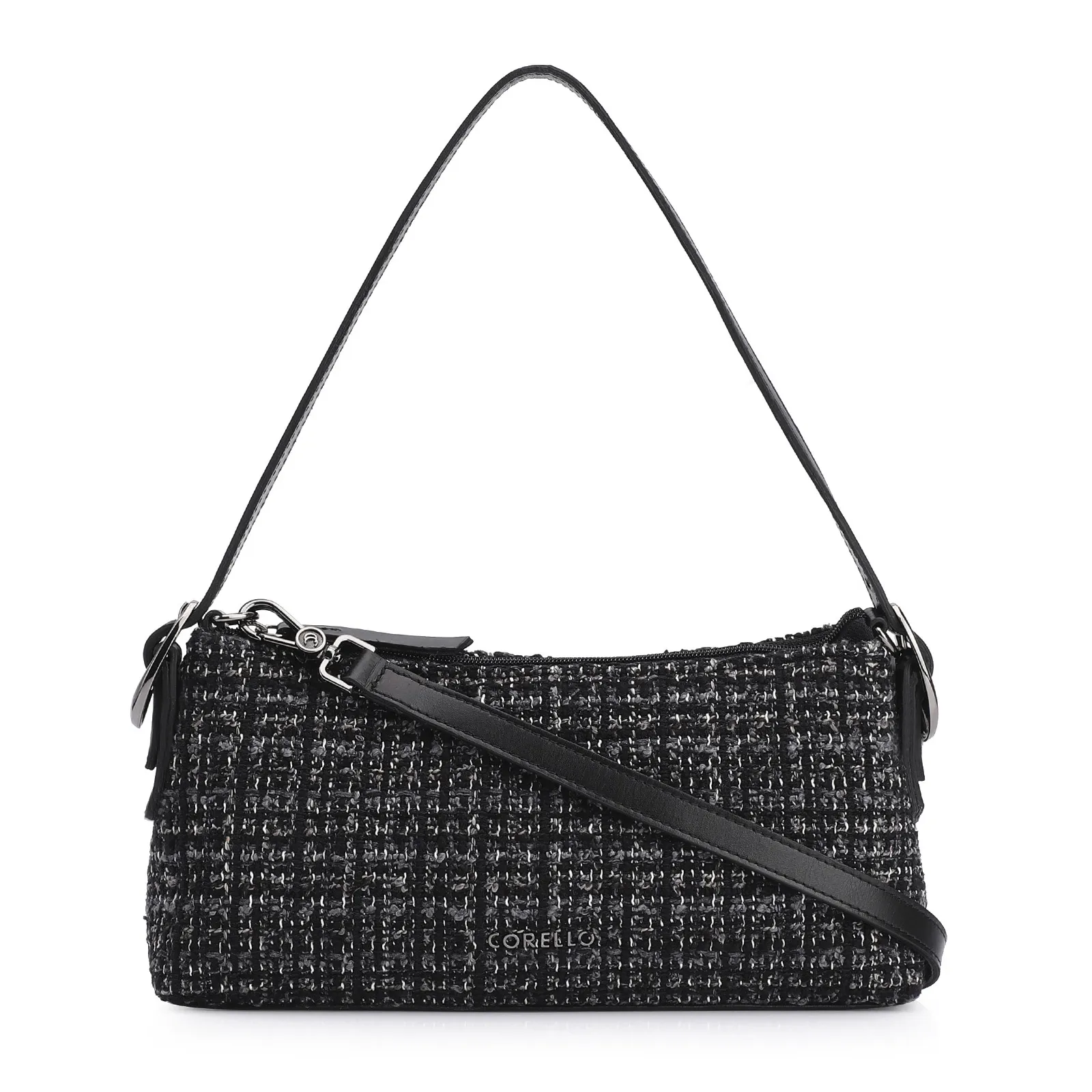 Bolsa De Ombro Fivelas Tweed Preto/Couro Preto