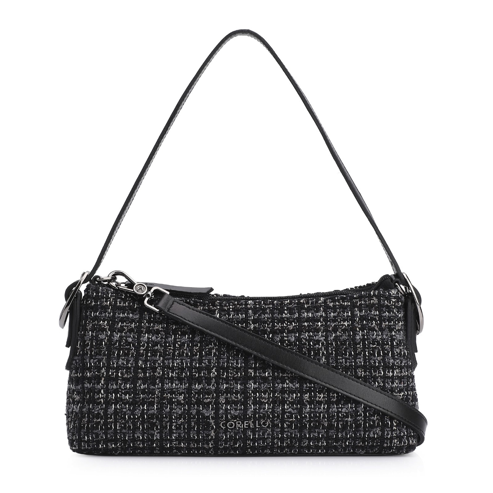 Bolsa De Ombro Fivelas Tweed Preto/Couro Preto