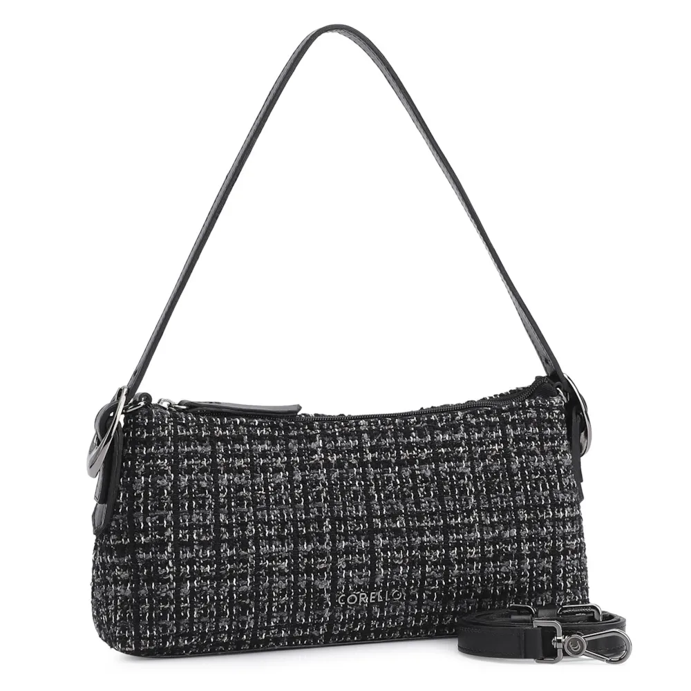 Bolsa De Ombro Fivelas Tweed Preto/Couro Preto - imagem 2