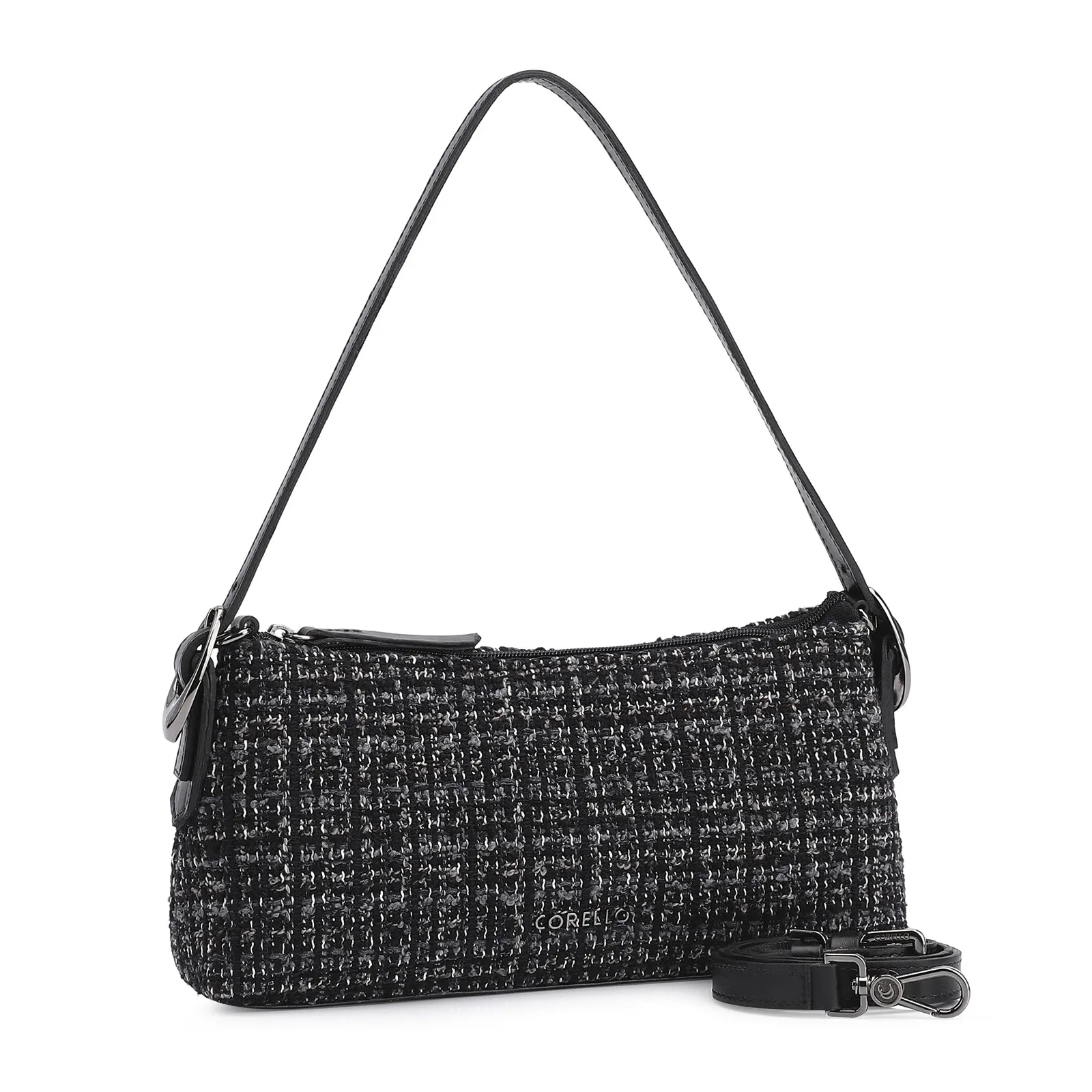 Bolsa De Ombro Fivelas Tweed Preto/Couro Preto
