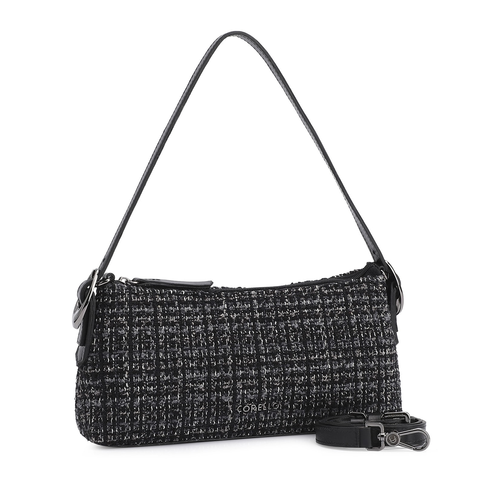 Bolsa De Ombro Fivelas Tweed Preto/Couro Preto