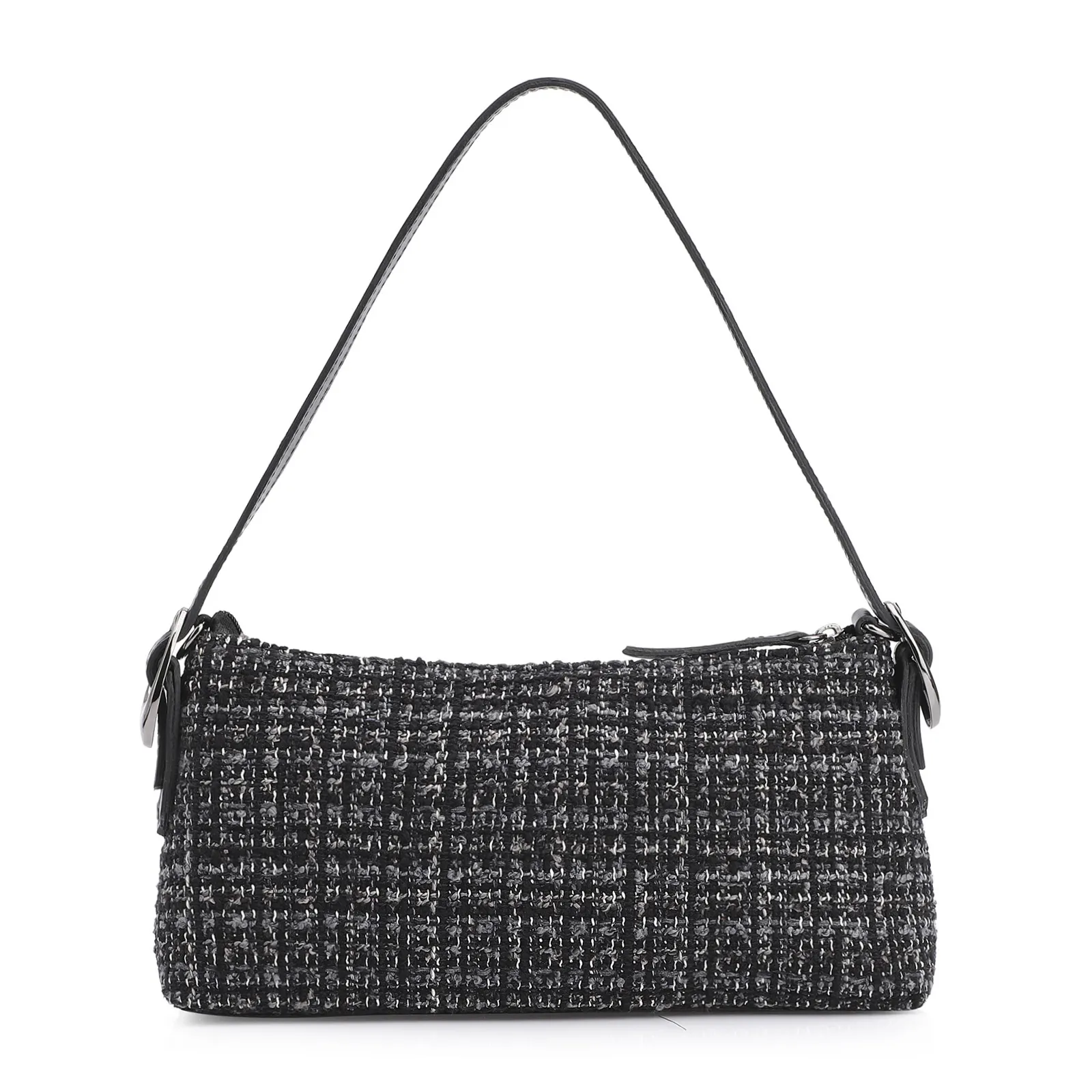 Bolsa De Ombro Fivelas Tweed Preto/Couro Preto