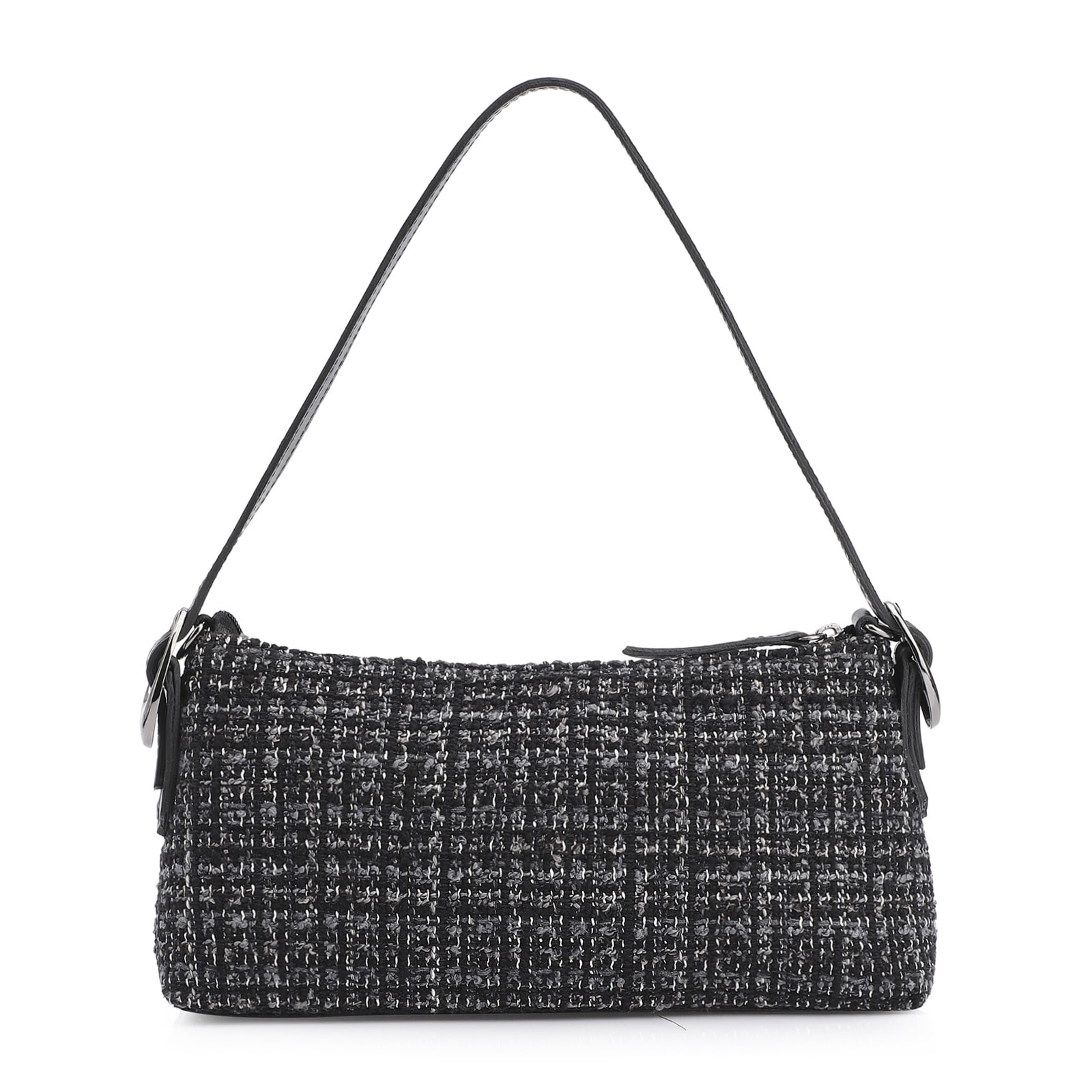 Bolsa De Ombro Fivelas Tweed Preto/Couro Preto