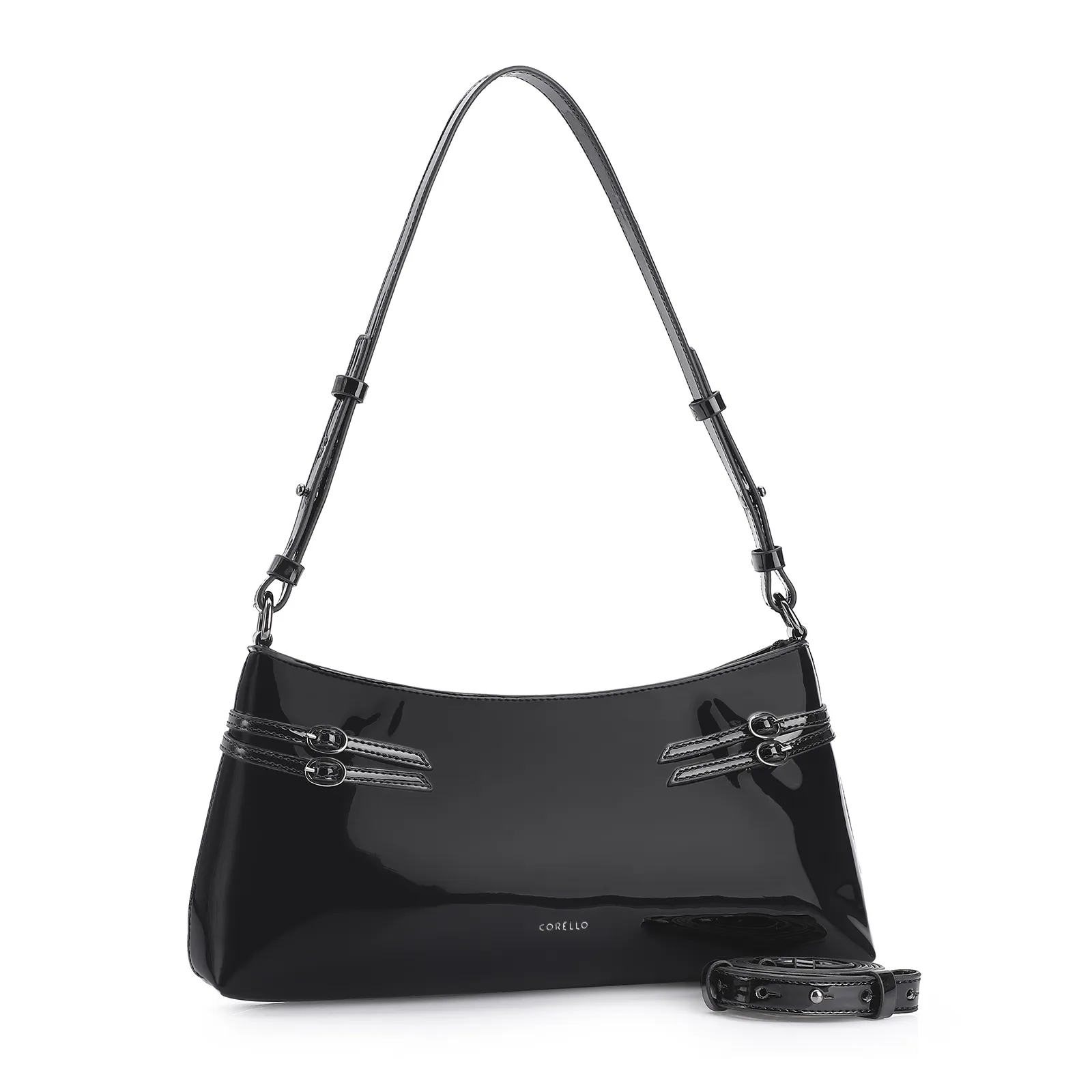 Bolsa De Ombro Fivelas Verniz Preto
