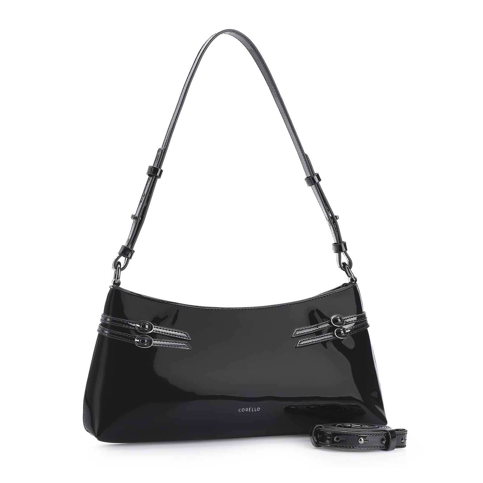 Bolsa De Ombro Fivelas Verniz Preto